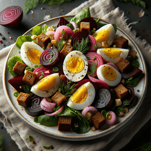 Roasted Beet and Egg Salad with Rye Croutons